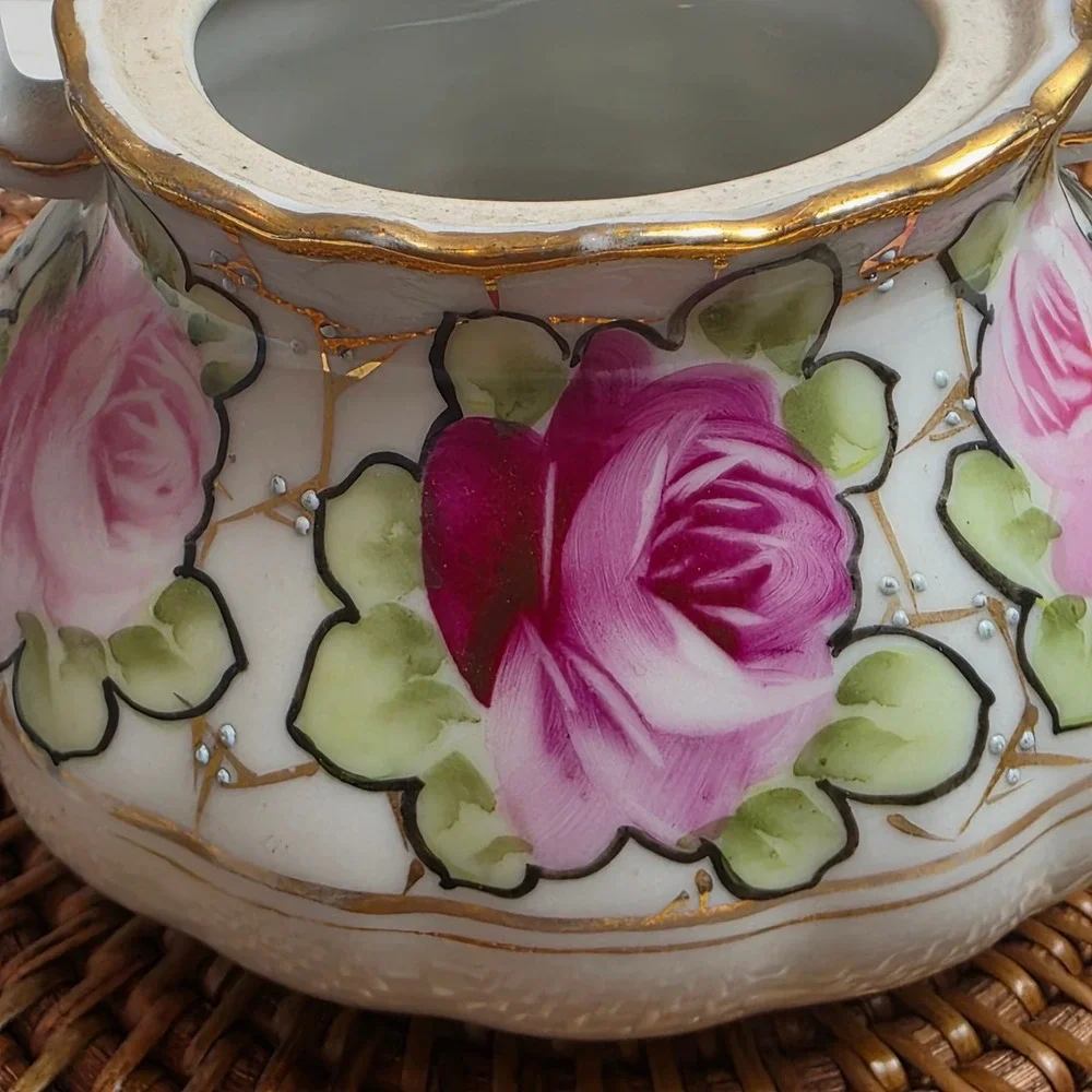 Antique 1890s Nippon Hand Painted Rose Porcelain Creamer & Sugar Bowl Set No Lid